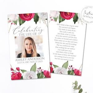 White Pink Roses Funeral Prayer Cards, Memorial Prayer Card Template, Funeral Prayer Card, Pink Roses Catholic Mass Cards, Obituary Card P2