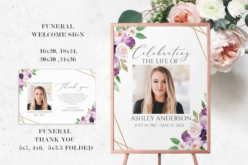 May include: Funeral welcome sign with a gold frame and purple and white floral design. The sign includes a photo placeholder and the text "Celebrating the life of" and "Ashley Anderson, July 14, 1967 - May 27, 2023".