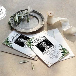 Celebration of life Invitations, Greenery Gold Funeral Invite, Greenery Gold Funeral Announcement Template, Memorial Service Invitation Q1 image 2