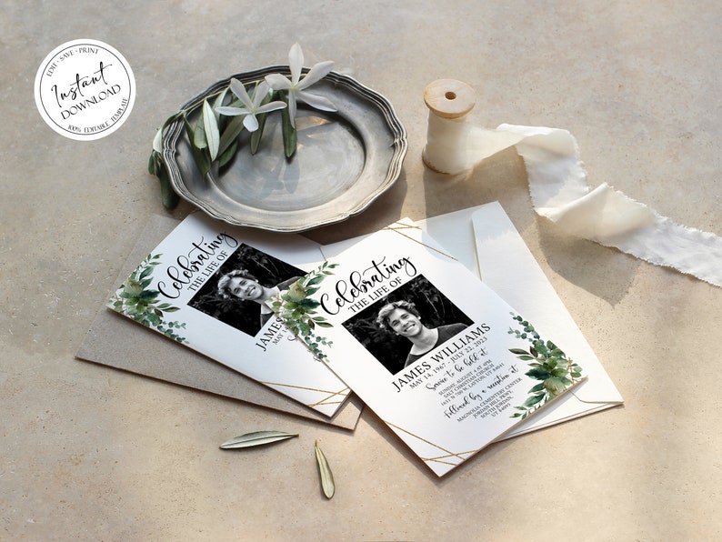 Celebration of Life Invitations Greenery Gold Funeral Invite Etsy