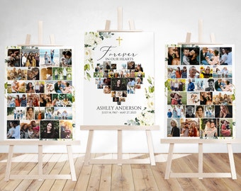 Celebration Of Life Funeral Poster, White Greenery Gold Cross Heart Photo Collage Funeral Sign, Forever in our Hearts Memorial Photo Display