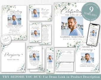 Greenery Watercolor Funeral Bundle, Greenery Memorial Package, Celebration of Life Package, In Loving Memory Suite Eucalyptus Funeral Set G1