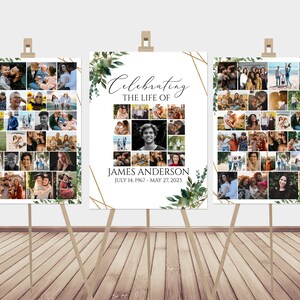 May include: Three white photo collage posters with gold geometric frames and green foliage accents. The center poster reads "Celebrating the Life of James Anderson July 14, 1967 - May 22, 2023".