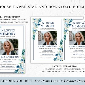 May include: A printable memorial card template with a blue and white floral design. The card features a photo placeholder, the text "In Loving Memory", and the name "Ashley Anderson". The card is available in two sizes: single page and save paper.