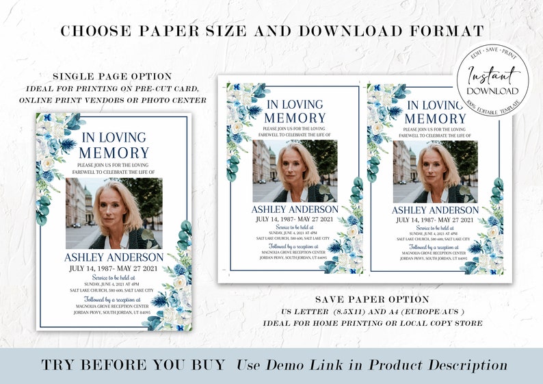 May include: A printable memorial card template with a blue and white floral design. The card features a photo placeholder, the text "In Loving Memory", and the name "Ashley Anderson". The card is available in two sizes: single page and save paper.