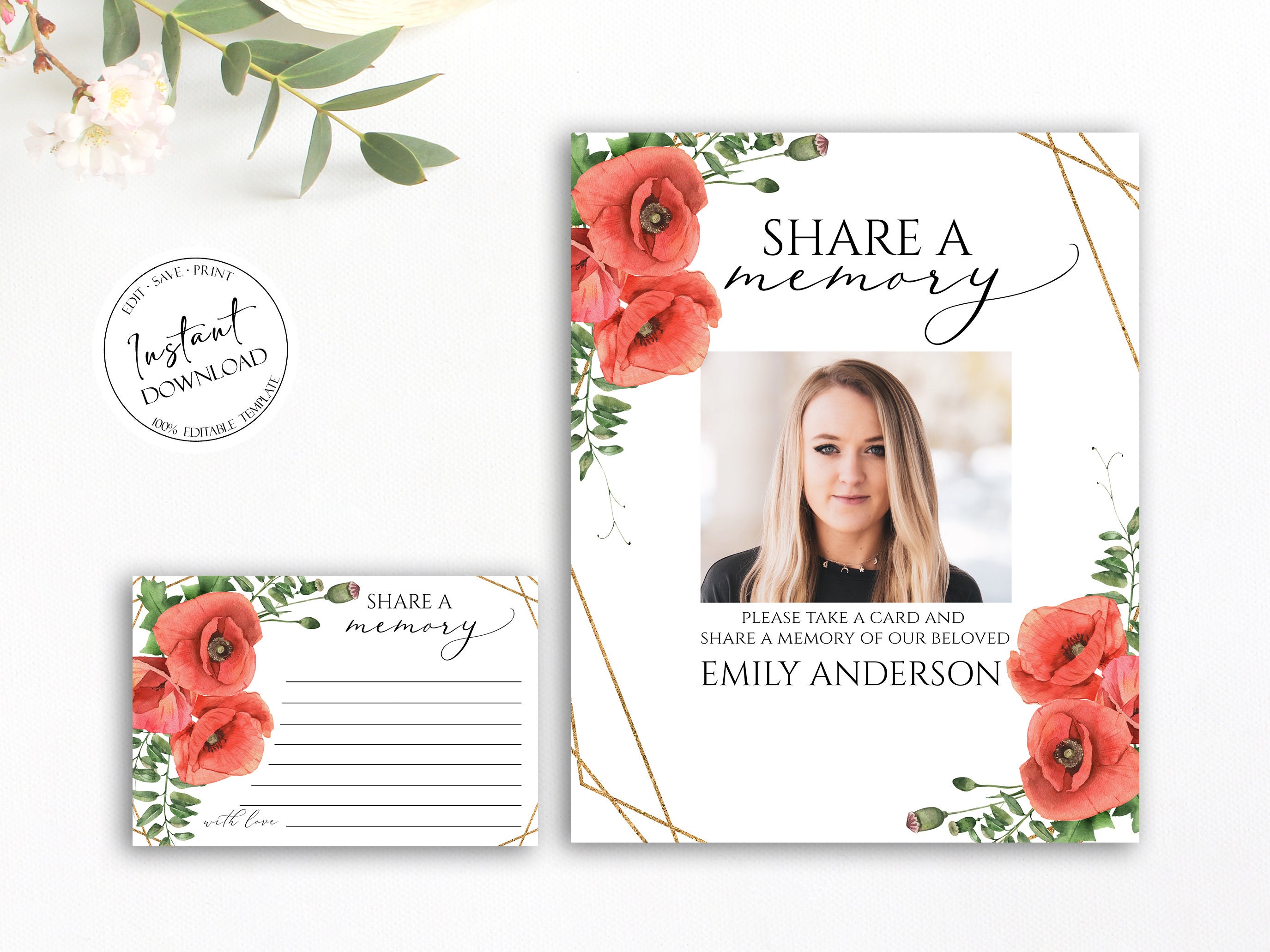 Share a Memory Funeral Sign Share a Memory Card, Red Poppies Funeral