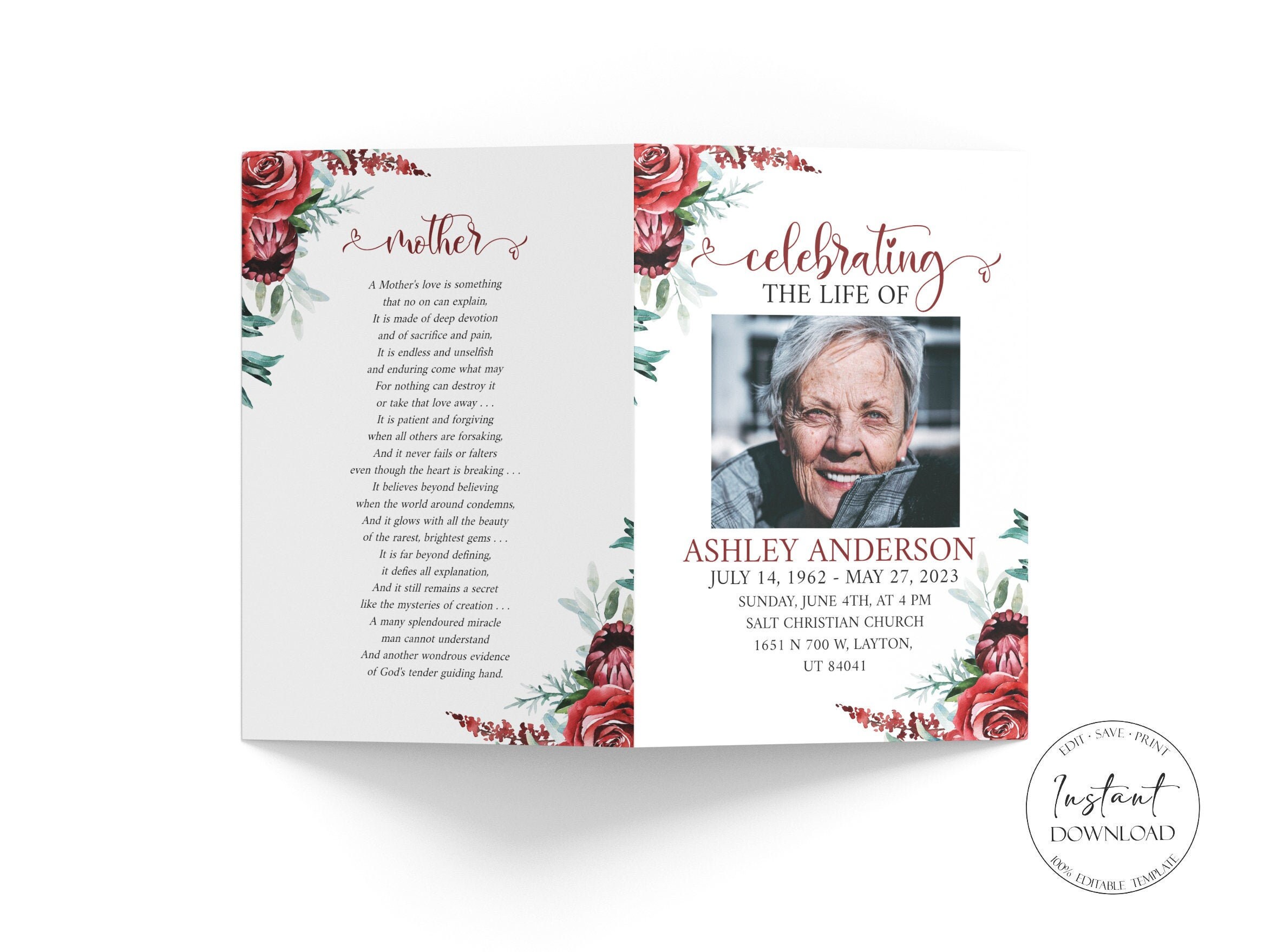Celebration of Life Funeral Program Template Red Funeral - Etsy
