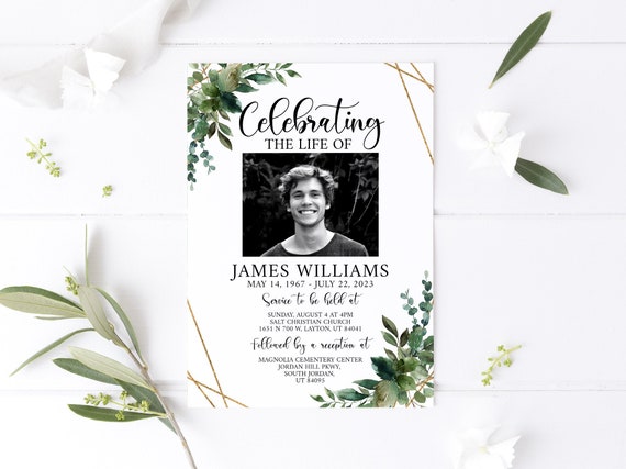 Celebration of life Invitations, Greenery Gold Funeral Invite, Greenery Gold Funeral Announcement Template, Memorial Service Invitation Q1