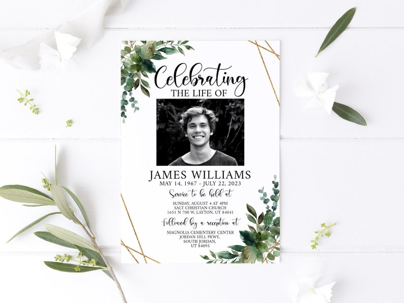 Celebration of Life Invitations Greenery Gold Funeral Invite Etsy