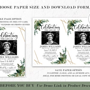 Celebration of life Invitations, Greenery Gold Funeral Invite, Greenery Gold Funeral Announcement Template, Memorial Service Invitation Q1 image 7