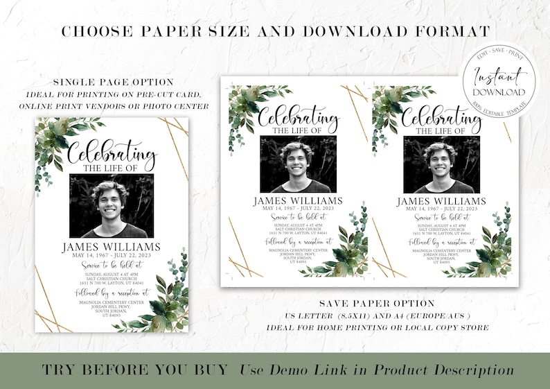 Celebration of life Invitations, Greenery Gold Funeral Invite, Greenery Gold Funeral Announcement Template, Memorial Service Invitation Q1 image 7