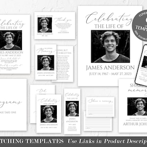 Op de afbeelding: Een set van negen afdrukbare rouwkaart sjablonen in zwart-wit. De sjablonen bevatten een foto van een man en de tekst "Celebrating the Life of James Anderson". De sjablonen zijn ontworpen om te worden gebruikt voor een begrafenisdienst of een herdenkingsdienst.