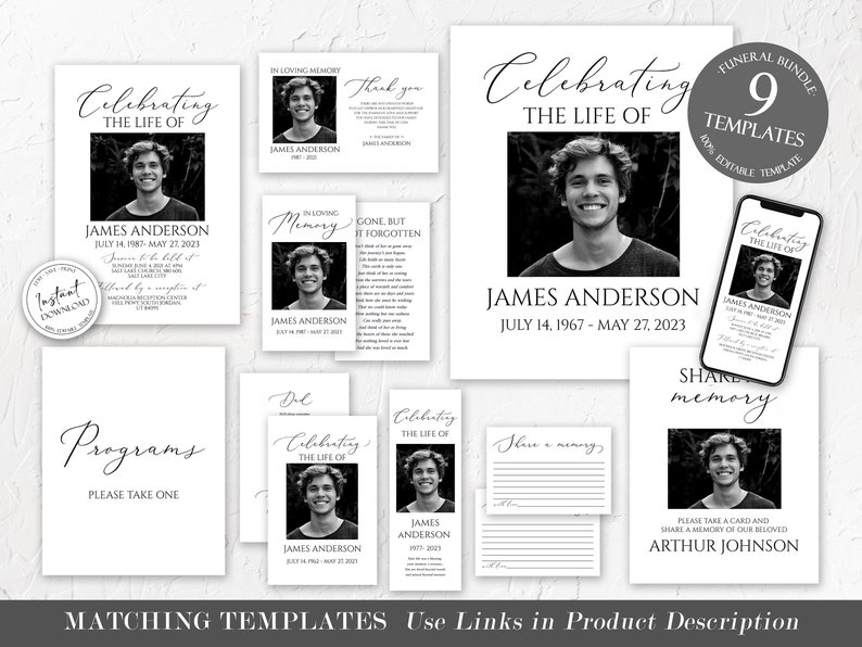 Op de afbeelding: Een set van negen afdrukbare rouwkaart sjablonen in zwart-wit. De sjablonen bevatten een foto van een man en de tekst "Celebrating the Life of James Anderson". De sjablonen zijn ontworpen om te worden gebruikt voor een begrafenisdienst of een herdenkingsdienst.