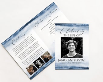 Celebration of Life Blue Watercolor Funeral Program, Memorial Program Editable Funeral Programs for men, Funeral Program Template for Man B4
