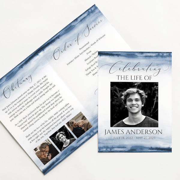 Celebration of Life Blue Watercolor Funeral Program, Memorial Program Editable Funeral Programs for men, Funeral Program Template for Man B4