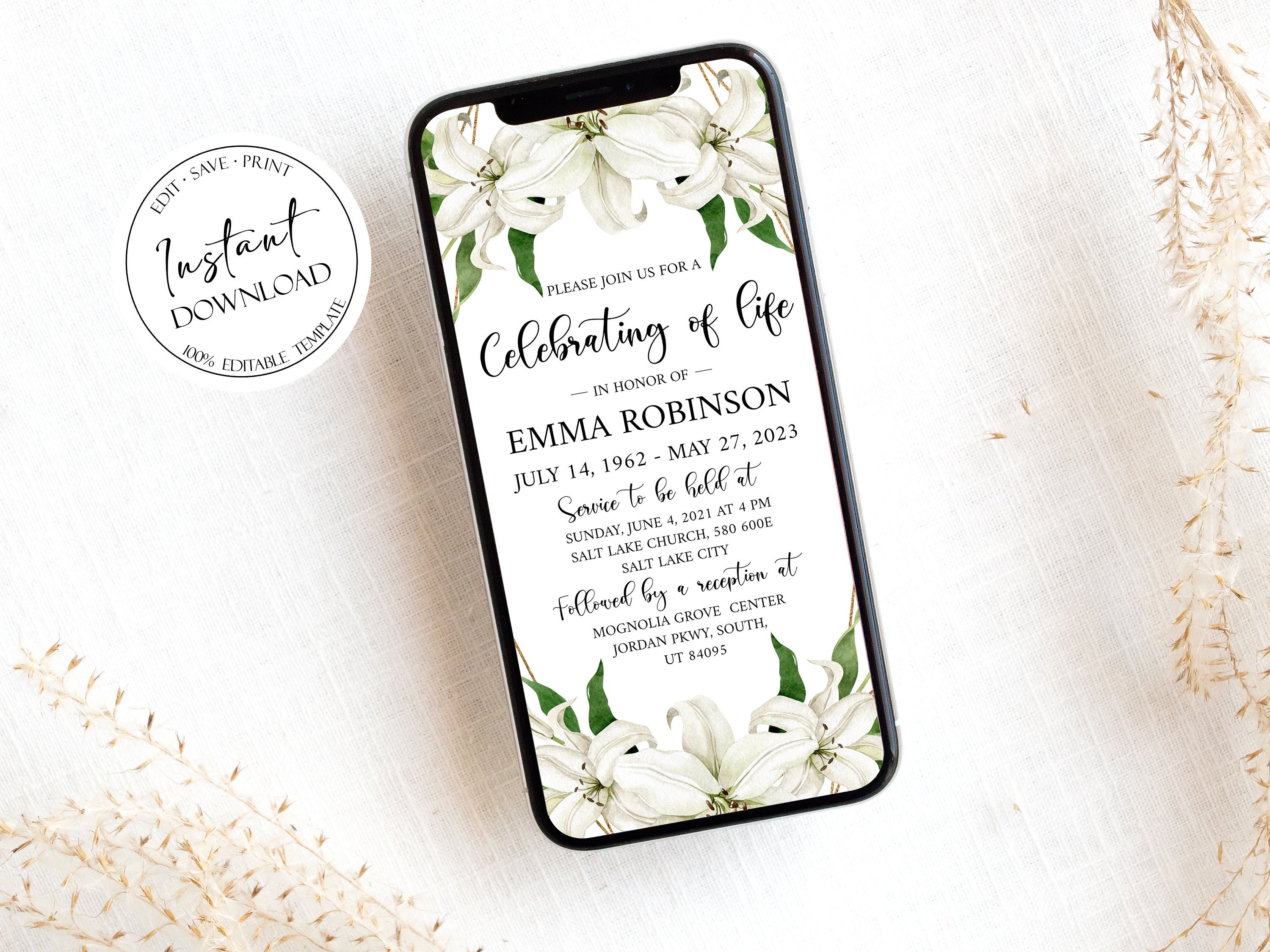 Digital Celebration of Life Invitation White Lilies Memorial Etsy UK