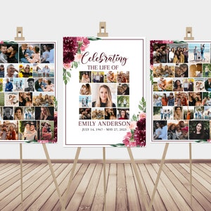 Celebration Of Life Red Funeral Poster, Editable Red Roses Photo Collage Funeral Sign Template Burgundy Memorial Poster Photo Display Set R3