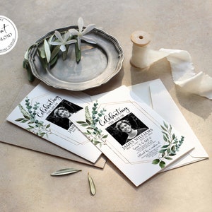 May include: Two white cards with gold accents and green watercolor foliage. The cards have a photo of a person and the text "Celebrating the life of" and "James Williams".