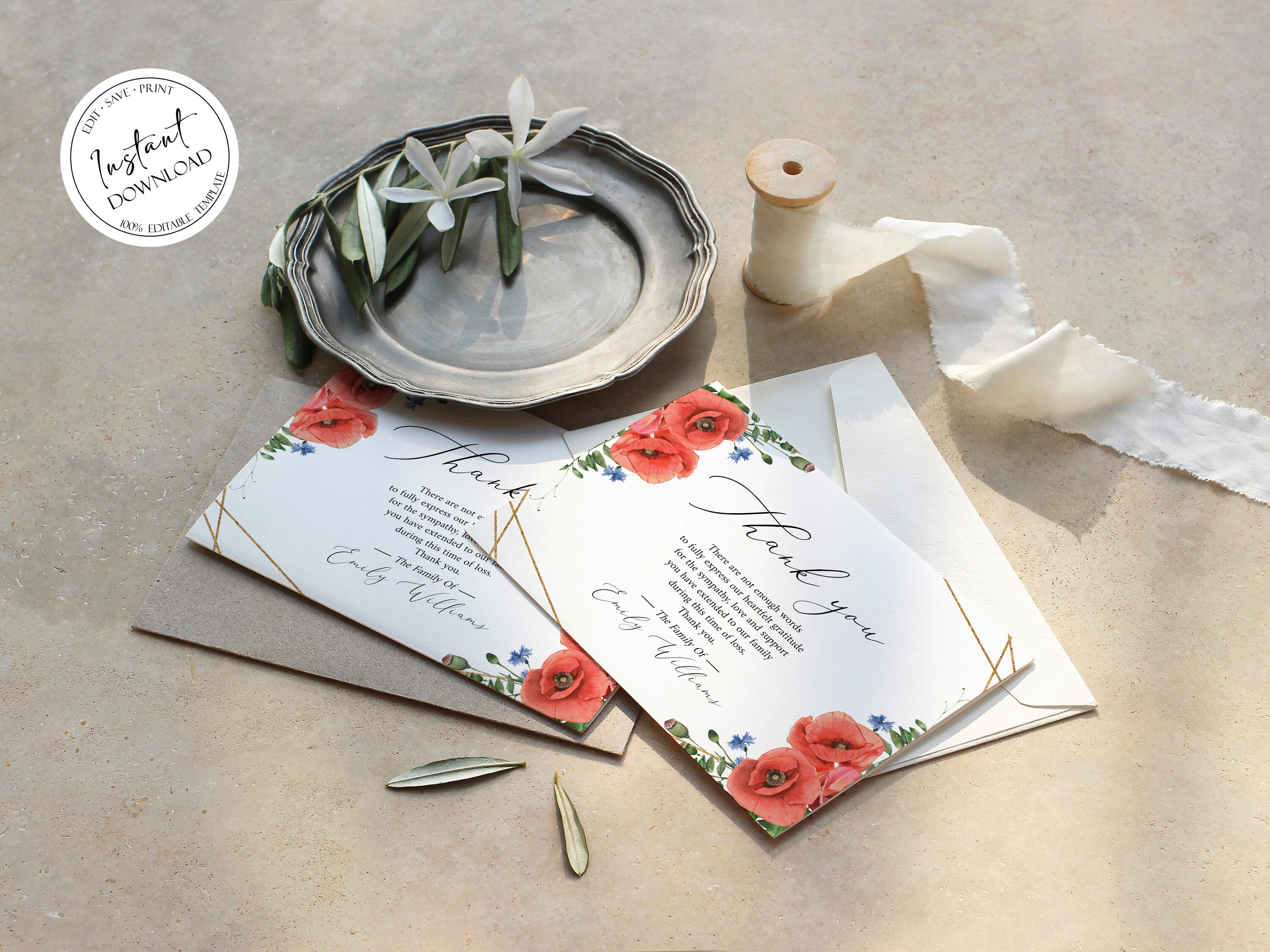 Red Poppies Funeral Thank You Card Template Celebration of - Etsy
