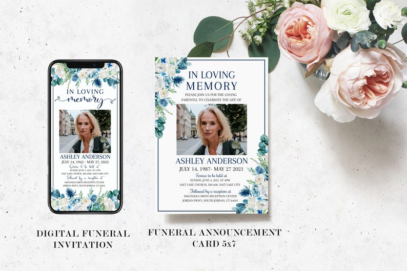 May include: A digital funeral invitation and a printed funeral announcement card. Both feature a floral design with white and blue flowers and greenery. The invitation is on a smartphone screen and the card is 5x7 inches. The text on the card reads "In Loving Memory" and includes the name Ashley Anderson and dates of birth and death.