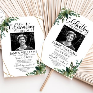 Celebration of life Invitations, Greenery Gold Funeral Invite, Greenery Gold Funeral Announcement Template, Memorial Service Invitation Q1 image 4
