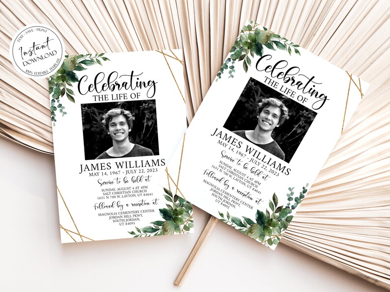 Celebration of life Invitations, Greenery Gold Funeral Invite, Greenery Gold Funeral Announcement Template, Memorial Service Invitation Q1 image 4