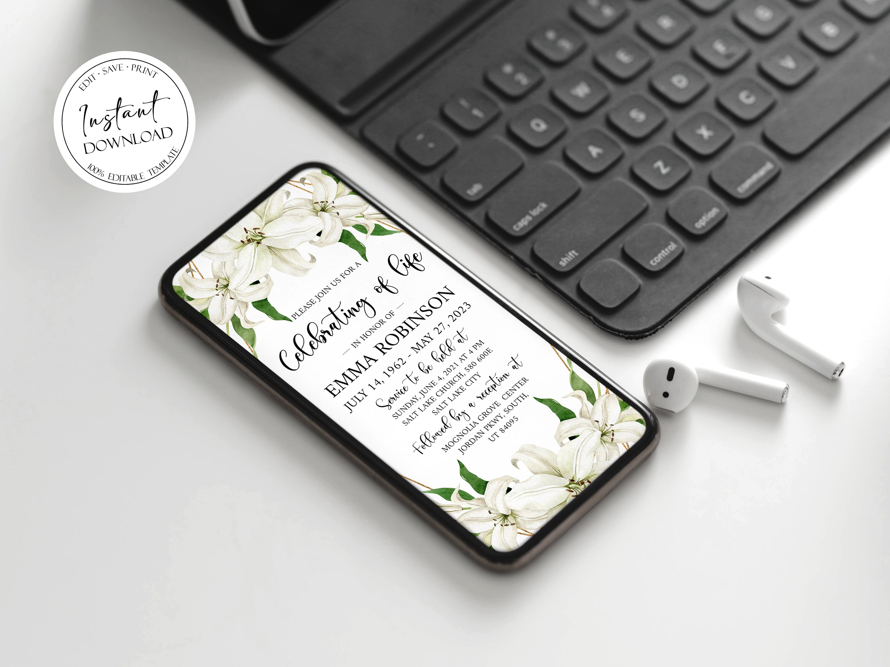 Digital Celebration of Life Invitation White Lilies Memorial Etsy