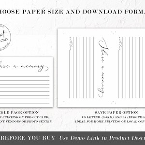May include: A printable template for a memory book with the text "Share a memory" in a cursive font. The template is available in two sizes: single page and save paper. The save paper option is ideal for printing on US Letter or A4 paper.