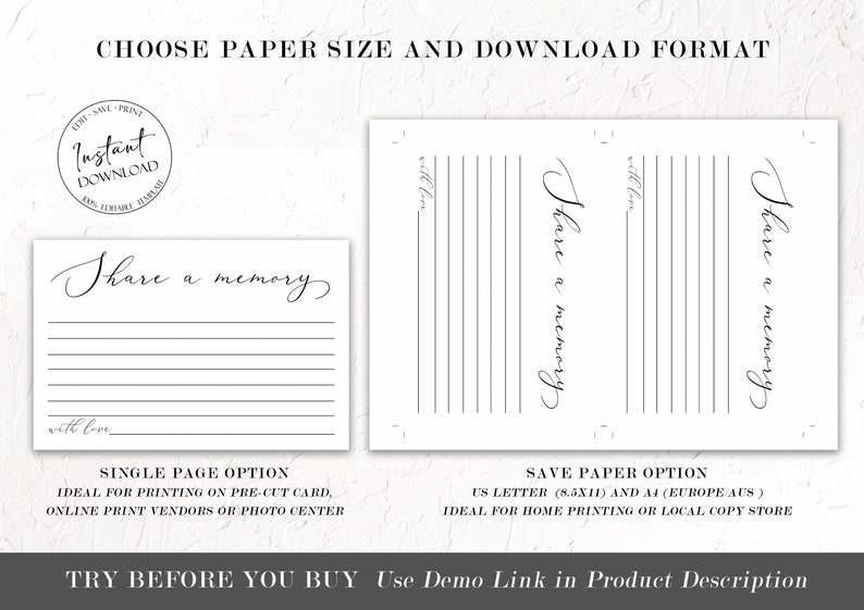 May include: A printable template for a memory book with the text "Share a memory" in a cursive font. The template is available in two sizes: single page and save paper. The save paper option is ideal for printing on US Letter or A4 paper.