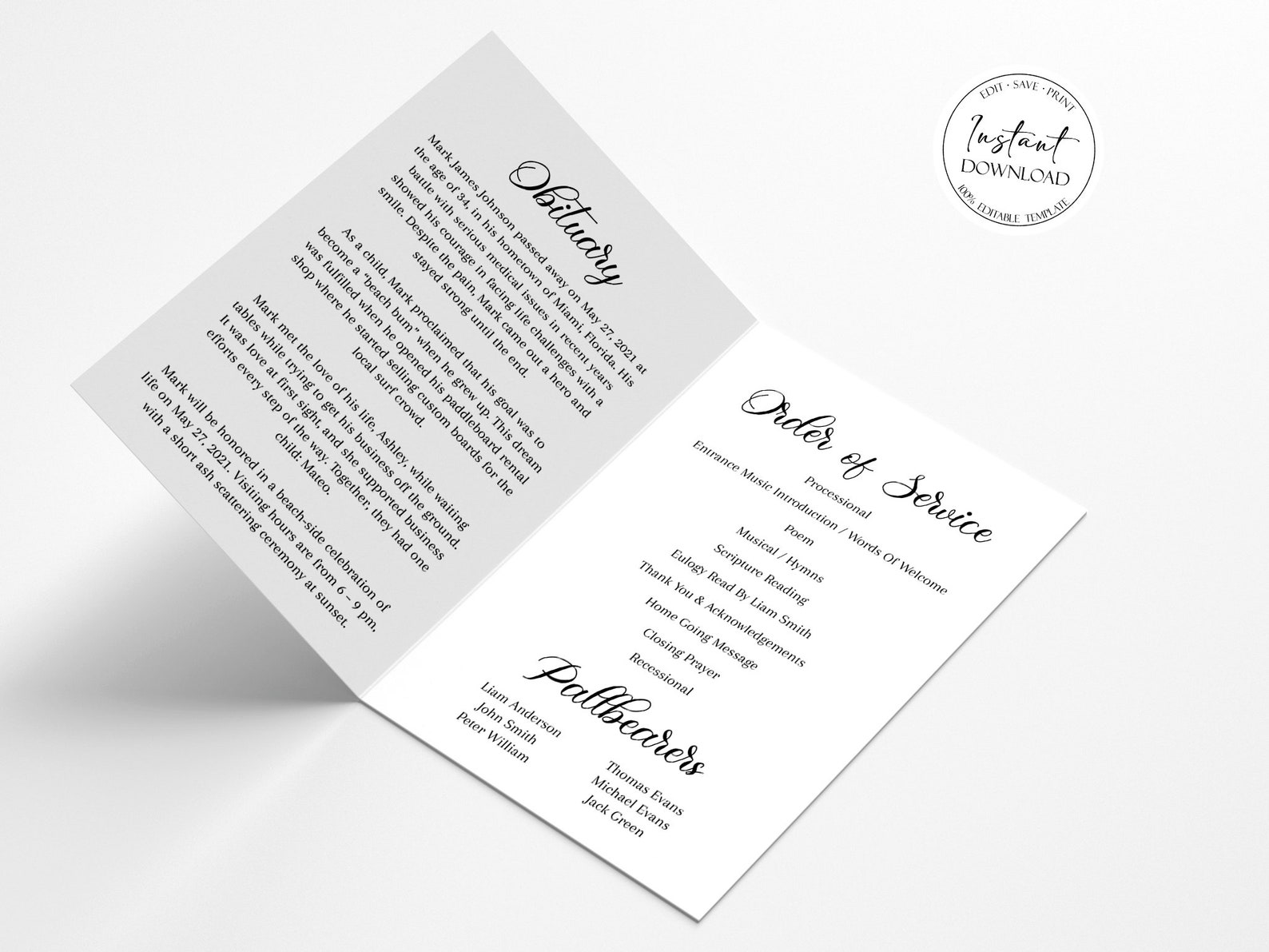 Celebration of Life Funeral Program Template Simple Funeral | Etsy