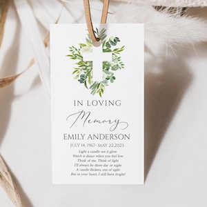 Plantilla de etiqueta de favor funerario de Greenery Cross, etiqueta de favor de vela conmemorativa editable en memoria amorosa Greenery Cross Favor Tag Funeral Keepsake GC