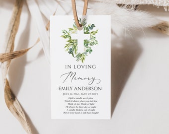 Greenery Cross Funeral Favor Tag Template, Memorial Candle Favor Tag Editable In Loving Memory Greenery Cross  Favor Tag Funeral Keepsake GC