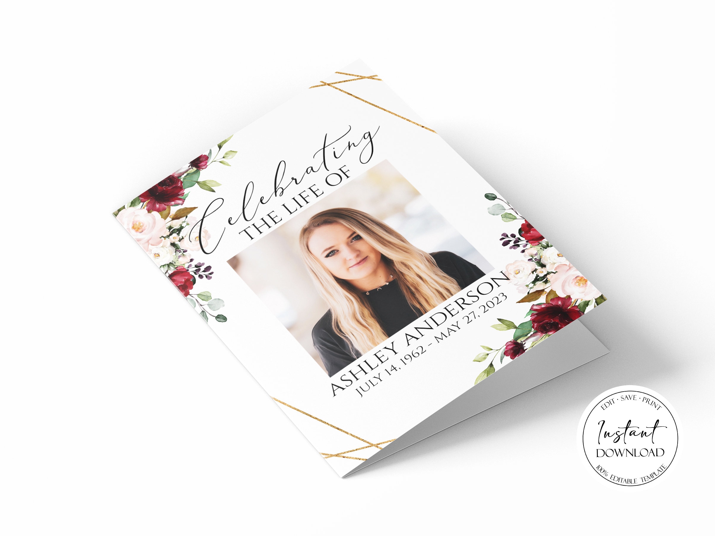 Red Roses 8 Page Funeral Program Template, Celebration of Life Program ...