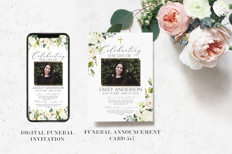 Pu&ograve; includere: Carte di annuncio funebre digitali e stampate con fiori bianchi e verde. Le carte mostrano una foto di una donna e il testo "Celebrando la vita di" con il nome e le date del defunto.
