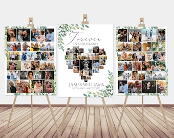 Celebration Of Life Funeral Poster, Editable Greenery Heart Photo Collage Funeral Sign, Forever in our Hearts, Memorial Photo Display Set G2