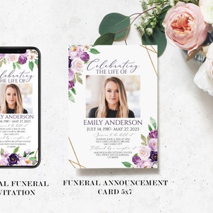 May include: Purple and white floral funeral announcement card with a gold geometric frame. The card features a photo of a woman and the text "Celebrating the Life of Emily Anderson July 14, 1987 - May 27, 2023".