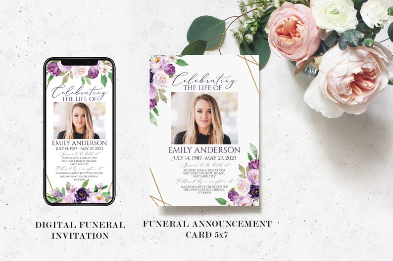 May include: Purple and white floral funeral announcement card with a gold geometric frame. The card features a photo of a woman and the text "Celebrating the Life of Emily Anderson July 14, 1987 - May 27, 2023".