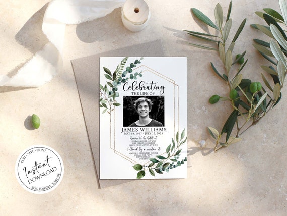 Celebration of life Invitations, Greenery Gold Funeral Invite, Funeral Announcement Funeral Card Template, Memorial Service Invitation Q1