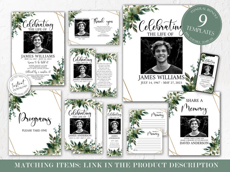 May include: A set of nine printable funeral templates featuring a green and gold floral design with a photo of a man. The templates include a program, a thank you card, a memorial card, and a share a memory card. The text on the templates reads "Celebrating the Life of James Williams" and "Celebrating the Life of James Anderson".
