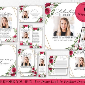 May include: A funeral program template bundle with 9 editable templates. The templates feature a floral design with red and white flowers and gold accents. The text "Celebrating the Life of" is featured on the templates. The templates are designed for a memorial service or funeral.