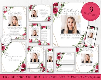 Editable White Pink Roses Funeral Bundle, Memorial Package, Celebration of Life Package In Loving Memory Suite Funeral Bundle Funeral Set P2