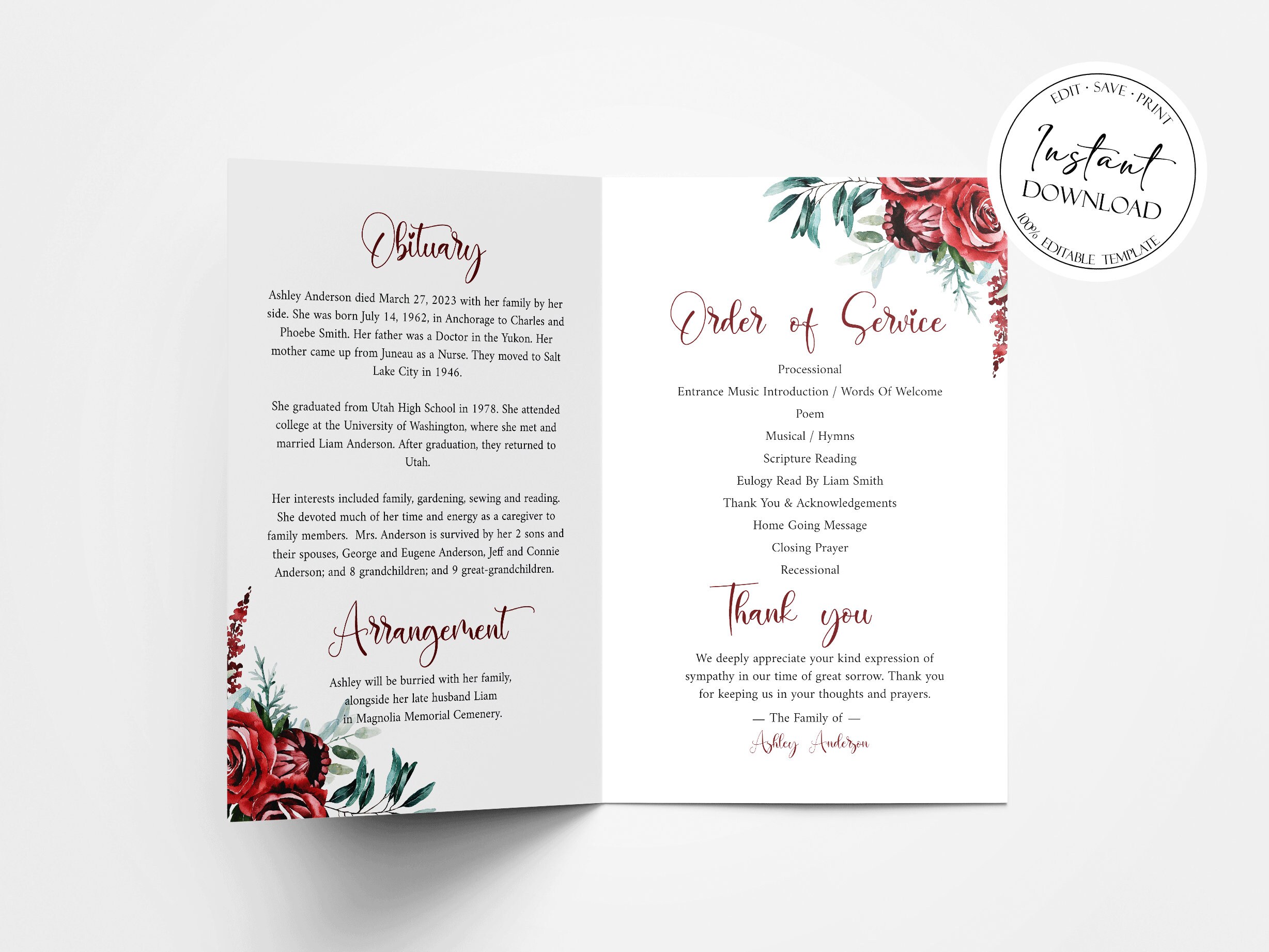 Celebration of Life Funeral Program Template Red Funeral - Etsy
