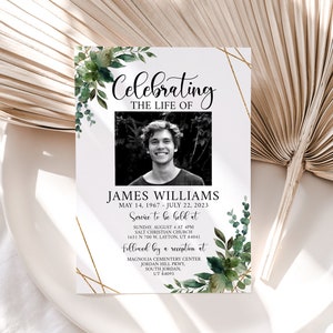Celebration of life Invitations, Greenery Gold Funeral Invite, Greenery Gold Funeral Announcement Template, Memorial Service Invitation Q1 image 3