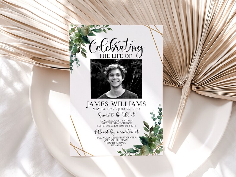 Celebration of life Invitations, Greenery Gold Funeral Invite, Greenery Gold Funeral Announcement Template, Memorial Service Invitation Q1 image 3