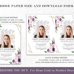 May include: Purple and gold floral memorial card template with a photo placeholder and the text "Celebrating the Life of Emily Anderson" and the dates "July 14, 1987 - May 27, 2023".