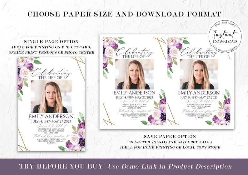 May include: Purple and gold floral memorial card template with a photo placeholder and the text "Celebrating the Life of Emily Anderson" and the dates "July 14, 1987 - May 27, 2023".