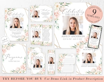 Editable Blush Funeral Bundle, Memorial Package, Celebration of Life Invitation Package, In Loving Memory Suite, Pink Roses Funeral Set P4