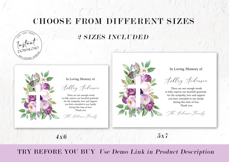 In Loving Memory of Funeral Thank You, Memorial Card, Printable Purple ...