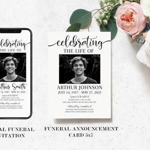 May include: A digital funeral invitation on a smartphone and a 5x7 funeral announcement card. Both feature a black and white photo of a young man, with the text "Celebrating the Life of" above his name and dates.
