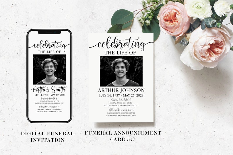 May include: A digital funeral invitation on a smartphone and a 5x7 funeral announcement card. Both feature a black and white photo of a young man, with the text "Celebrating the Life of" above his name and dates.